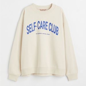 H&M printed sweatshirt, self care, ivory and blue, size XS